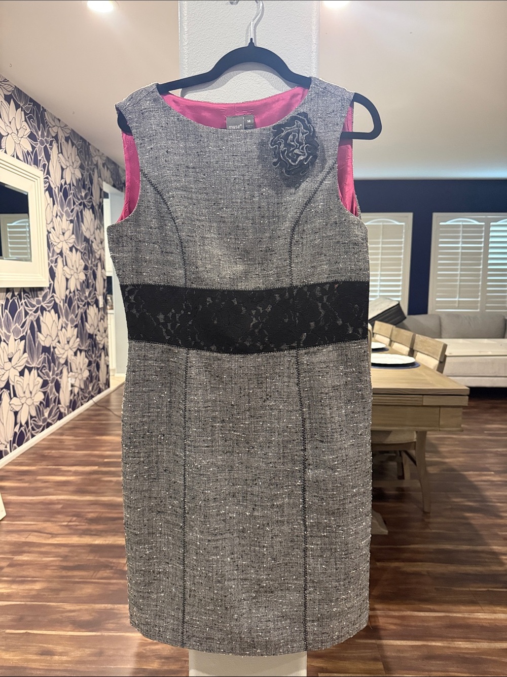 Muse Gray Tweed Sleeveless Shift Dress with Black Waistband and Pink Trim